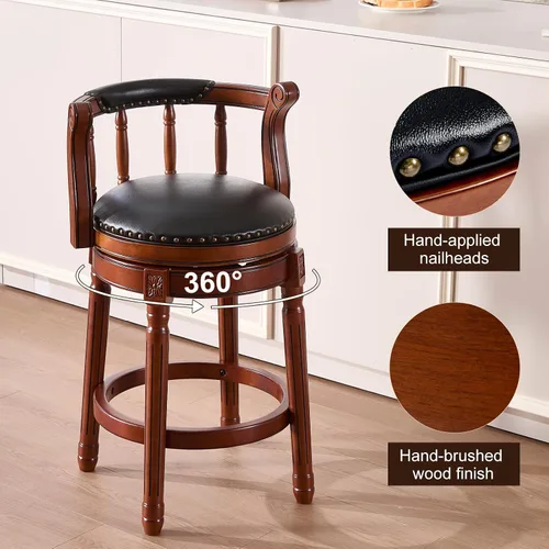 Vista 4 de RAINMOOD Juego de 2 taburetes de bar, taburete tapizado de cuero de grano completo, silla de bar negra con respaldo, patas de madera maciza