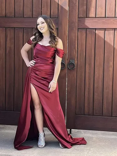 Vista 5 de Vestidos de fiesta con hombros descubiertos para mujer, vestido de dama de honor de satén largo con tren, vestido de fiesta de noche formal