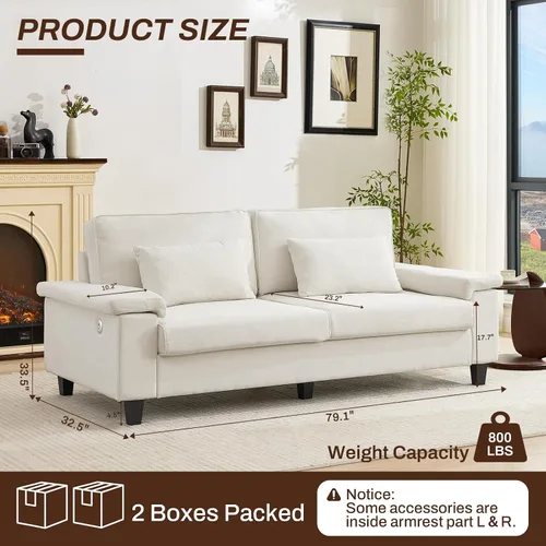Vista 2 de Sofá de 3 plazas para sala de estar, cómodo sofá de asiento profundo de 79 pulgadas con reposabrazos ajustables y puertos de carga USB/C, moderno