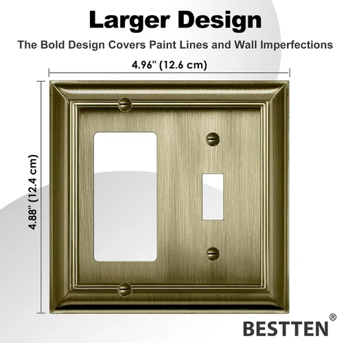 Vista 4 de BESTTEN Placa de pared combinada de 1 palanca/1 decorador, tamaño mediano, 2 bandas, resistente a la corrosión, latón antiguo, cubierta de salida