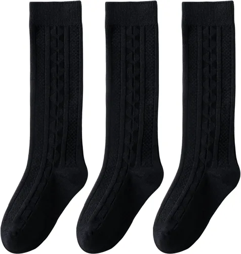 Vista 2 de Calcetines altos hasta la rodilla para niñas, punto trenzado, acanalados, para uniforme escolar, paquete de 36, calcetines de tubo sin costuras