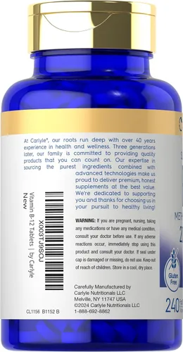 Vista 3 de Carlyle Vitamina B12 de 2000 mcg 240 tabletas de disolución rápida Metilcobalamina sublingual Sabor a bayas Suplemento vegetariano, sin OMG