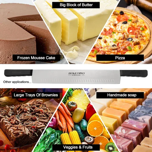 Vista 5 de Cuchillo de queso de doble mango de 15 pulgadas para embutidos, hoja de acero inoxidable de alto carbono con asas de plástico negro de 5 pulgadas