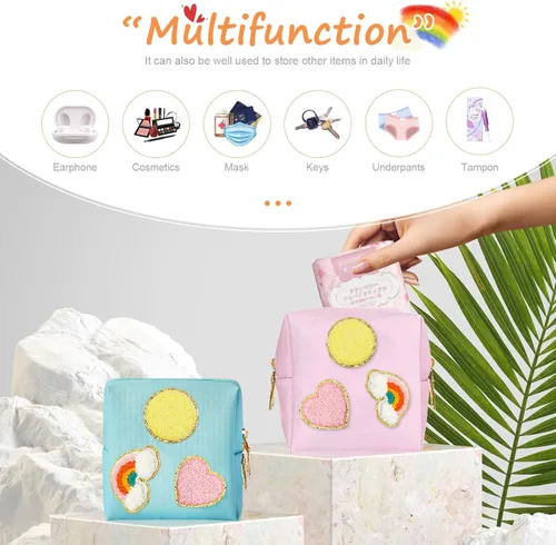 Vista 3 de Paquete de 2 bolsas para el período, bolsa de almacenamiento de servilletas sanitarias de piel sintética para almohadillas femeninas, forros