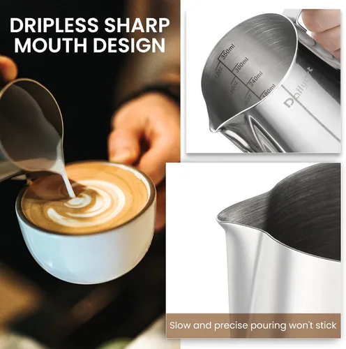 Vista 4 de Jarra para Espumar Leche, Dailyart 350ml/12oz Jarra para Espumar Leche de Acero Inoxidable 304 con Escala, Accesorios para Máquina de Espresso