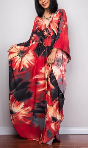 Vista 2 de Vestidos caftán para mujer con cuello ondulado, vestido de caftán, vestido de playa largo de gran