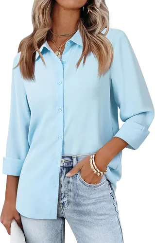 Vista 9 de siliteelon Camisas de manga larga con botones de gasa para mujer: blusas de trabajo con cuello para negocios, oficina, vestidos casuales