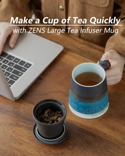 Vista 5 de ZENS Taza de té con infusor y tapa para colador de té de hojas sueltas, taza de té de cerámica de 15.2 oz con coladores de té finos y posavasos