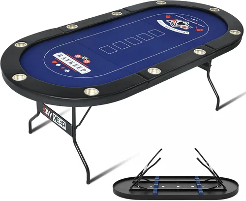 Vista 10 de RAYKEEP Mesa de póquer plegable, mesas de póquer plegables para 8 jugadores con patas plegables, fieltro de grado casino, rieles acolchados y 71
