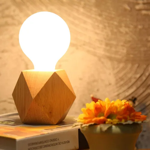 Vista 3 de Lámpara de mesa pequeña de madera, lámpara de noche con base de madera de diamante E26 60 W, luz nocturna industrial boho deco para dormitorio, sala