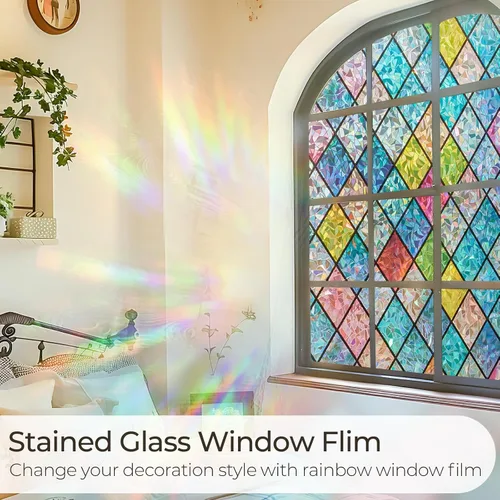 Vista 2 de Lámina de privacidad para ventana Windimiley con diseño de vidrio manchado: adhesivo estático decorativo floral 3D arcoíris con control de calor