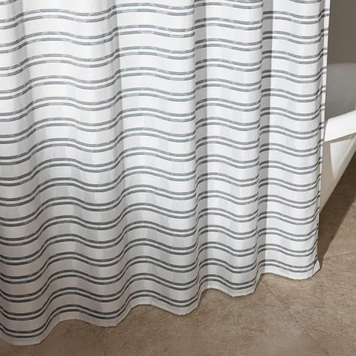 Vista 2 de Amazon Basics Cortina de ducha de tela jacquard geométrica para baño, ligera, impermeable y lavable, 72 pulgadas de ancho x 72 pulgadas de largo