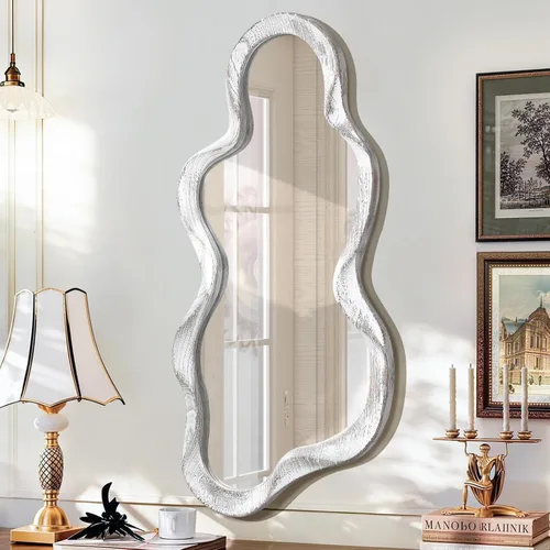 Vista 15 de Espejo asimétrico para decoración de pared, grande, moderno, ondulado, con marco de madera, espejo de pared con forma única montado en pared