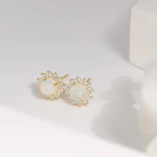 Vista 7 de Aretes de ópalo de fuego blanco de 0.177 x 0.177 in, delicados aretes redondos de ópalo con piedra natal de octubre, aretes de ópalo delicados