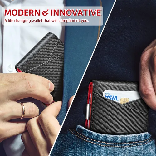 Vista 32 de GSOIAX Cartera delgada de cuero plegable RFID para hombre, billetera minimalista con bolsillo frontal con clip para dinero, 12 ranuras para Negro