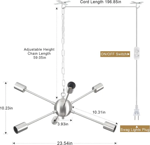 Vista 2 de Lámpara colgante enchufable, 6 luces colgantes con cable de enchufe de 16.4 pies e interruptor de encendido/apagado de níquel cepillado, lámpara