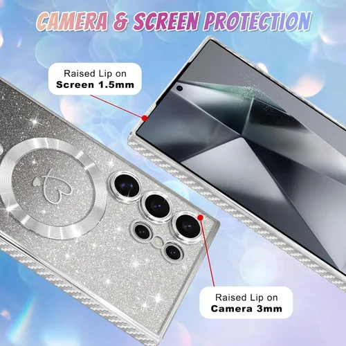 Vista 26 de Bonoma - Funda compatible con Samsung Galaxy S21 Plus, diseño de corazón con purpurina, color rosa Support for MagSafe, Plating Magnetic Case TPU