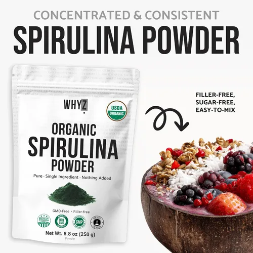 Vista 5 de WHYZ Polvo de espirulina orgánica, 8.82 oz, suplemento de espirulina rico en proteínas, superalimento orgánico para apoyo inmunológico, polvo