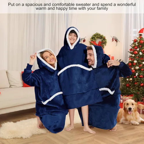 Vista 6 de Manta con capucha portátil para adultos y niños, sudadera con capucha de gran tamaño, manta con capucha de forro polar Sherpa con bolsillo gigante