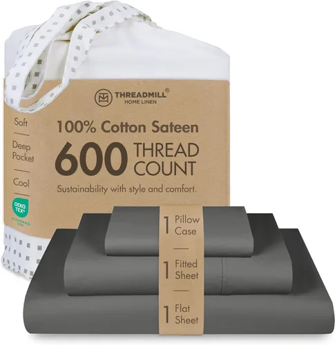 Vista 11 de Threadmill Sábanas de tamaño matrimonial, 100 % algodón puro de 600 hilos, 4 piezas, damasco, gris oscuro, calidad de hotel, sábanas de algodón