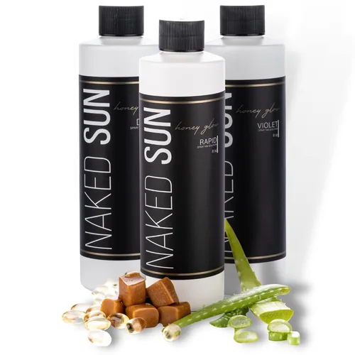 Vista 3 de Naked Sun Honey Glow Spray Tanning Solution Trio Bundle (3 artículos): Bronce Oscuro, Violeta y Rapid Express Aerógrafo Tan Mist