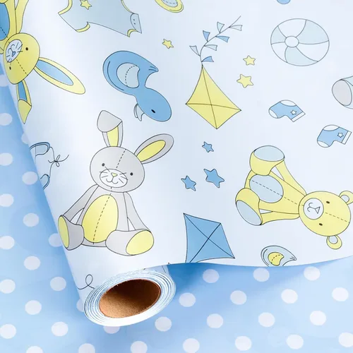 Vista 18 de Homeral Rollo de papel para envolver regalos azul para baby shower - Rollo mini - 17 pulgadas x 16.5 pies - Juego reversible de papel de regalo