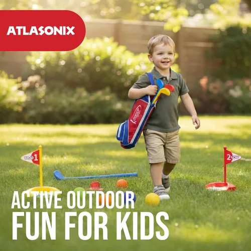 Vista 2 de Atlasonix Juego de golf para niños pequeños, palos de golf para niños, incluye bolsa de golfista infantil, guantes, 8 pelotas y 3 palos, juguetes