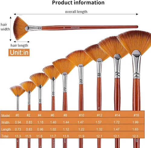 Vista 2 de GACDR Juego de 9 pinceles de pintura de abanico para artistas profesionales, juego de pinceles acrílicos con asas largas de madera, pelo de nailon