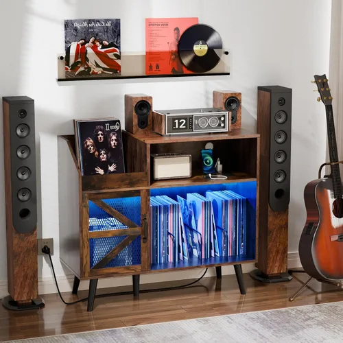Vista 2 de MULEJYBO Soporte Grande Rústico para Tocadiscos con Puerta Magnética, Gabinete de Almacenamiento para 350 Discos de Vinilo, Mesa para Tocadiscos