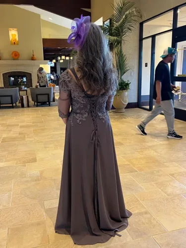 Vista 4 de Vestido de la madre de la novia de la longitud del té con la manga de encaje apliques gasa formal vestidos de fiesta de noche para las mujeres LD095