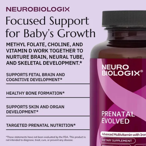 Vista 5 de Neurobiologix Multivitamínico prenatal evolucionado prenatal completo para mujeres, folato metilado, hierro, colina, vitaminas metil B, absorción