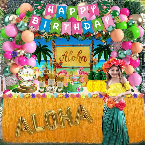 Vista 6 de Luau - Decoraciones para fiesta de cumpleaños, 321 piezas, suministros de fiesta hawaiana tropical Aloha para verano, playa, vacaciones, juego