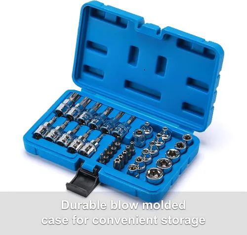 Vista 9 de CASOMAN 34 piezas de 3/8 pulgadas Torx Bit Socket y E-Torx (estrella) Juego de zócalos de acero CR-V y S2, E4-E20, T10-T60, a prueba