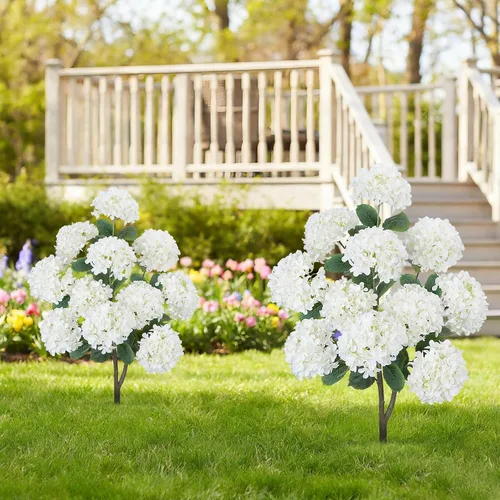 Vista 7 de GTIDEA Paquete de 2 hortensias artificiales de 3.5 pies para exteriores, árbol falso con espigas, arbustos de hortensias sintéticas, árbol de flores
