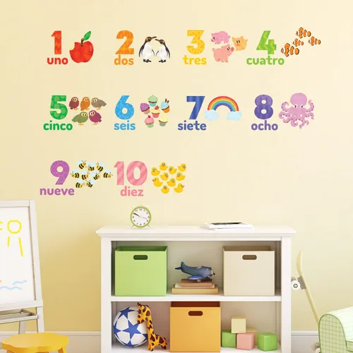 Vista 4 de DECOWALL Calcomanías de pared con números en español inglés del 1 al 10 para niños (DS-2020ES) Decoración extraíble bilingüe con coloridos