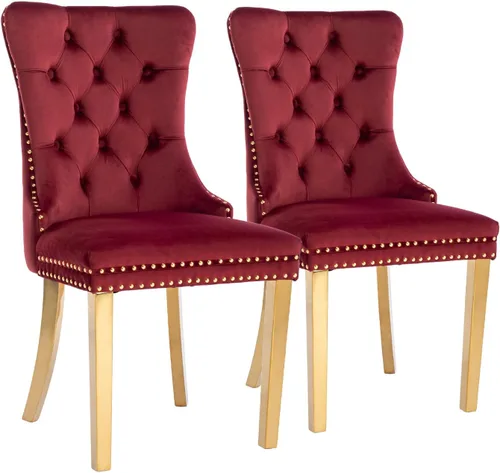 Vista 46 de Juego de 2 sillas de comedor de terciopelo, sillas de comedor tapizadas con tirador de anillo trasero, ribete de cabeza de clavo y patas doradas