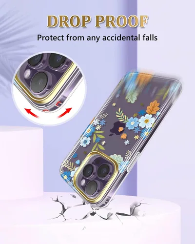 Vista 5 de Funda diseñada para iPhone 14 Pro con protector de pantalla + protector de lente de cámara, chapado en purpurina con flores, a prueba de golpes Azul