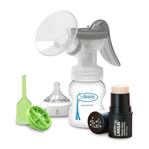 Vista 19 de Dr. Brown's Extractor de leche manual con escudo SoftShape 100% silicona (B, brida de 0.984 in) y opciones anticólicos+biberón de cuello ancho de 5