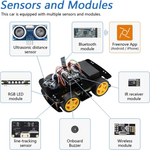 Vista 4 de Freenove Kit de coche 4WD con control remoto (compatible con Arduino IDE), seguimiento de línea, evitación de obstáculos, aplicación de control