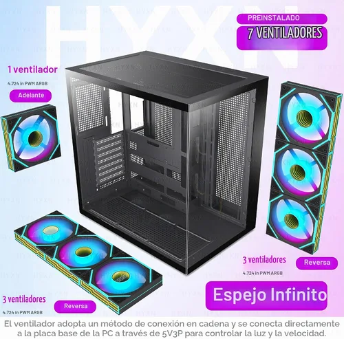 Vista 4 de H1 HYXN - Funda para PC, 7 ventiladores Infinity Mirror PWM ARGB preinstalados, carcasa de computadora ATX Mid Tower, funda de PC