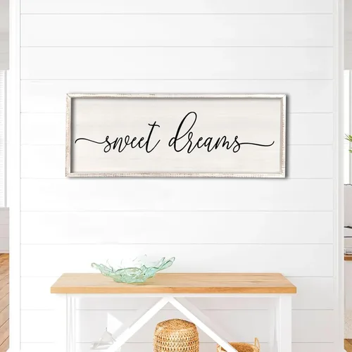 Vista 7 de Decoración de pared de Dulces Sueños sobre la cama de 32"×12" para dormitorio principal, gran letrero de Dulces Sueños, decoración de pared