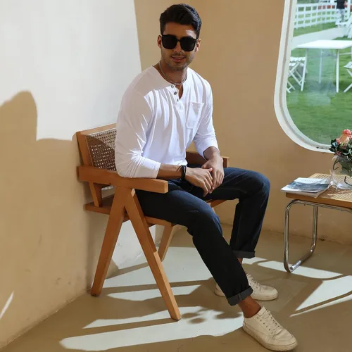 Vista 5 de Camisetas casuales de moda para hombre, de manga larga, básicas, con botones, Henley, cuello liso con muesca y bolsillo