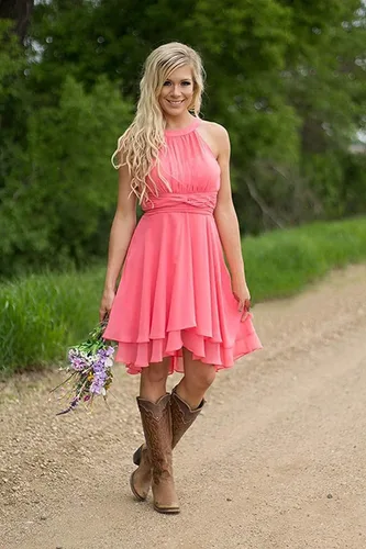 Vista 3 de DFDG Vestido de dama de honor para mujer corto plisado de gasa formal con bolsillos CM072