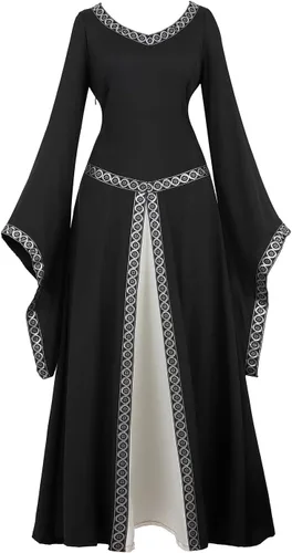 Vista 16 de Haorugut Disfraz medieval renacentista para mujer, vestido retro para cosplay 6508negro y blanco