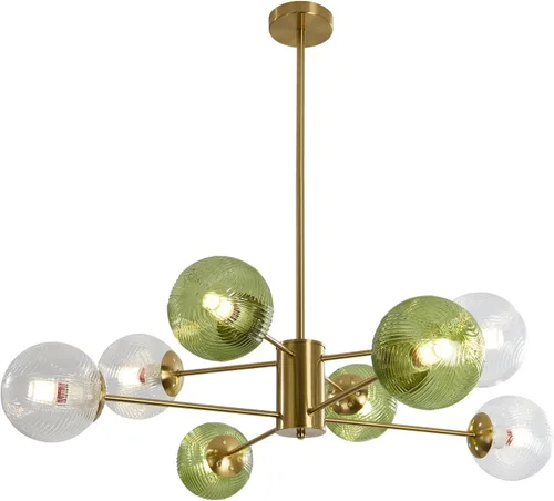 Vista 11 de BOKT Lámpara Colgante de Bola de Vidrio Verde Moderna de Mediados de Siglo Dorada de 6 Luces Globo Sputnik Candelabro Accesorio de Iluminación