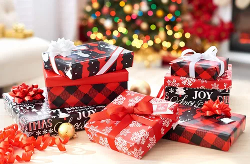 Vista 9 de American Greetings - Papel de regalo navideño, juego de envoltura de regalo de cuadros de búfalo rojo y negro