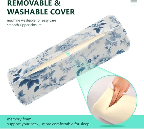 Vista 4 de Qilmy Blue and White Florals Neck Roll Pillow, Memory Foam Round Pillow Cylinder Bolster Pillow for Sleeping, Cervical Roll Pillows for Pain Relief
