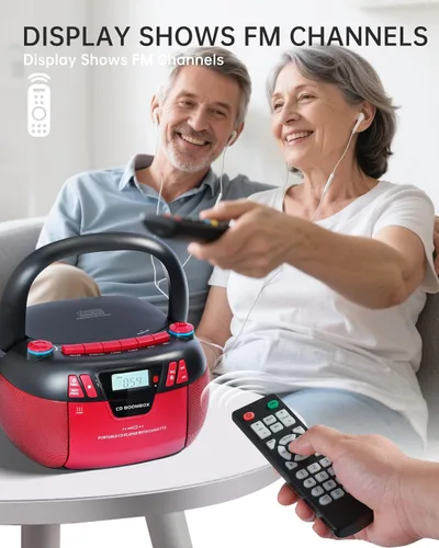 Vista 6 de Reproductor de CD Boombox con Bluetooth y reproductor de casete Radio AM/FM portátil, entrada MP3/USB/AUX, sistema de sonido estéreo
