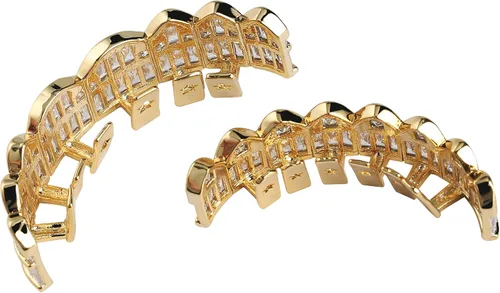Vista 2 de TOPGRILLZ Parrillas superiores e inferiores bañadas en oro de 14 quilates para tus dientes Hip Hop para hombres, Circonita cúbica