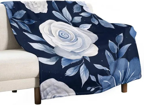 Vista 41 de Manta de flores de acuarela azul marino, bohemias, manta de acuarela floral con coronas de rosas y hojas de peonías, lujosa, cálida y acogedora